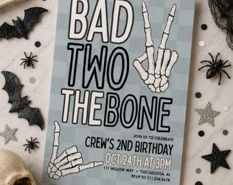 Halloween 2nd Birthday Invitation Template | Bad Two The Bone Invite | Skeleton Birthday Party Invitation | Editable Canva Template