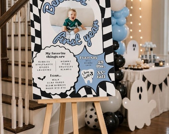 1歳のお化け少年の誕生日ウェルカムサイン | ハロウィン1歳の誕生日サイン | 初めてのお化けデーパーティーデコレーション | 男の子のハロウィン誕生日ポスター（編集可能）
