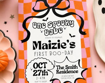 One Spooky Babe Birthday Invitation Template | Halloween 1st Birthday Invitation | Pink Orange Checkered First Boo Day Editable Canva Invite