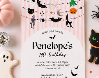 ピンクのハロウィン誕生日招待状テンプレート | お化けパーティー招待状 | かわいいお化けかぼちゃ魔女の誕生日 | 編集可能なハロウィン招待状
