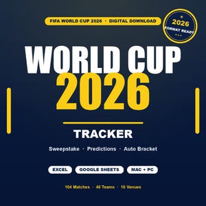 May include: A digital download graphic for the FIFA World Cup 2026. The design features the text "WORLD CUP 2026" in large white and yellow letters, with "TRACKER" below. Includes options for Excel, Google Sheets, and Mac + PC.