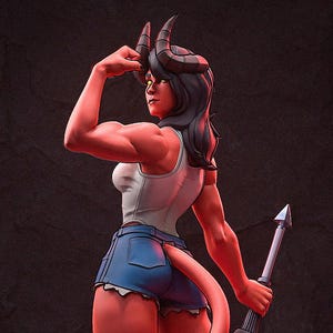 May include: A red-skinned figurine of a female demon with black horns, wearing a white tank top and blue shorts. She flexes her arm, holding a sword. The figure stands on a pink, stylized base. The text "PATREON HELL CREATOR" is visible.