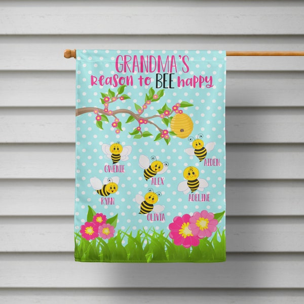 Grandma's Reason to bee happy - Personalized Garden Flag - Custom monogram Yard Flag