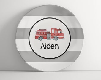 Personalized Plate - Fire Truck Stripes- Custom Plate for Boys