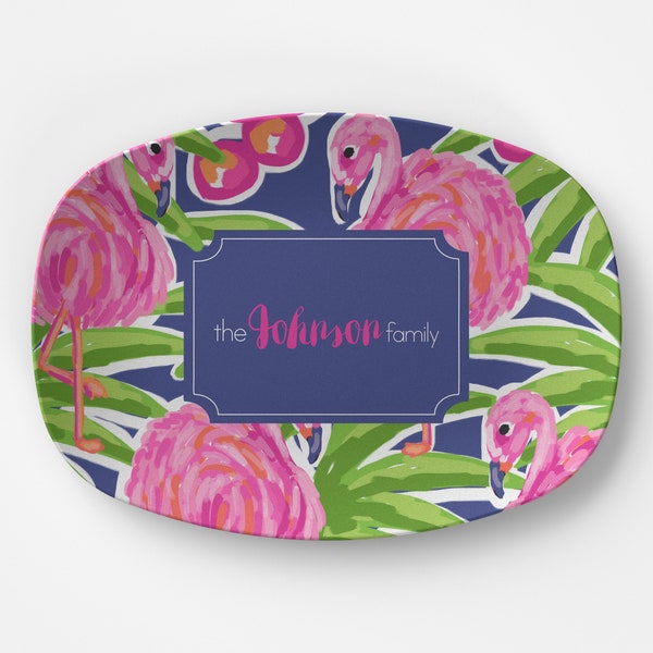 Personalized Platter | Flamingo Coastal Decor | Plastic Dinnerware | Family Name Plate | Cocktail Party | Tin Tree Gifts Custom