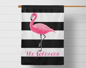 Black and White Striped Flamingo Personalized Garden Flag - Custom monogram Yard Flag