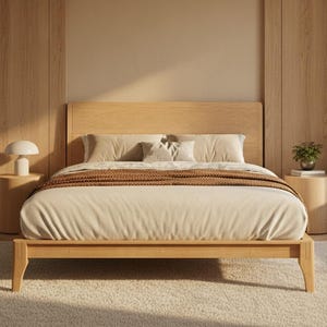 Sustainable Bamboo Platform Bed Frame, Mid-Century Modern Tall Headboard, Noise-Free Slat System