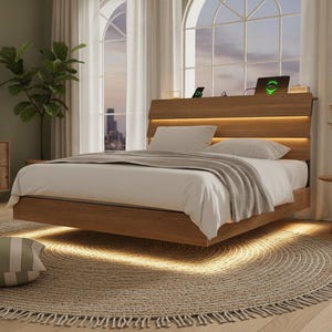Floating Bed Frame with LED Lights, Storage Headboard, Charging Station, Modern Platform Bed