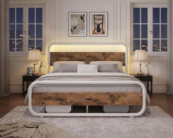 LED Metal Platform Bed Frame with Wood Headboard, Storage, No Box Spring