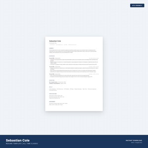 May include: A white resume template with the name "Sebastian Cole" at the top. The text "RESUME TEMPLATE | ALL TIME CLASSIC" is at the bottom. The words "ATS-FRIENDLY" and "INSTANT DOWNLOAD" are also visible.