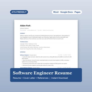 Software Engineer Resume Template, Developer CV, ATS Friendly | Word, Google Docs, Pages
