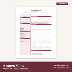 Plantilla de currículum para gerente de programa, barra lateral color burdeos, compatible con sistemas ATS / Word, Google Docs, Pages