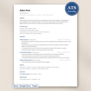 May include: A white resume template for a software engineer named Aiden Park, featuring sections for summary, technical skills, experience, projects, education, and certifications. A blue circular badge reads ATS friendly, and a footer lists Word, Google Docs, and Pages.