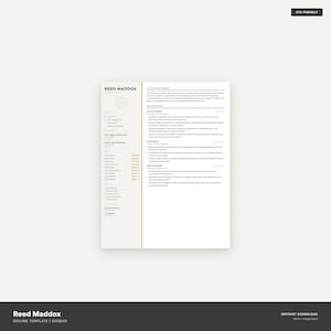 May include: A resume template with the name "Reed Maddox" in a modern design. The document is primarily white with a sidebar and a dark gray footer. The text "ATS-FRIENDLY" is in the upper right corner.
