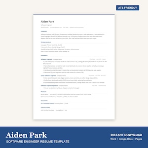 May include: A white software engineer resume template for Aiden Park featuring sections for summary, technical skills, experience, projects, education, and certifications. The document includes a blue ATS-FRIENDLY badge in the top right corner.