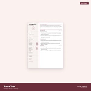 May include: A modern resume template for "Amara Voss", featuring a sidebar and main content area. The design is clean and professional, with a burgundy colour scheme. The template includes sections for skills, experience, and education. The text "ATS-FRIENDLY" is visible.