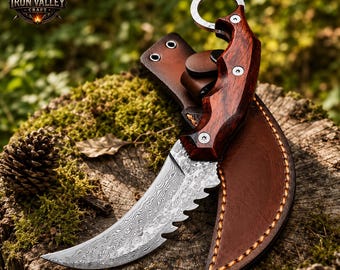 Handmade Damascus Steel Karambit Knife, Custom Hand Forged Viking Collectible with Rosewood Handle & Leather Sheath, Historical Craft Gift