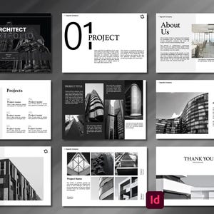 Op de afbeelding: Een zwart-wit architectenportfolio presentatie. De omslag toont de titel "ARCHITECT PORTFOLIO" over een grijswaardenafbeelding van een gebouw. Andere pagina's bevatten projecttitels, architectuurfoto's en het Adobe InDesign-logo.