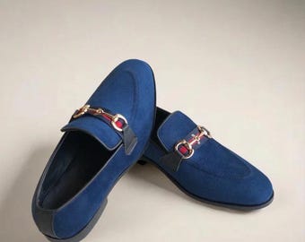 Koningsblauwe suède mocassinloafers heren, handgemaakte leren nette schoenen