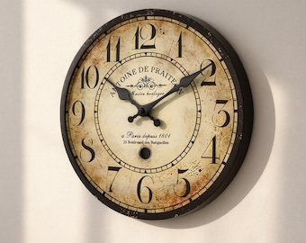 Orologio vintage parigino effetto legno, movimento al quarzo silenzioso, arredamento retrò francese.