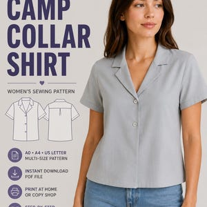 May include: A PDF sewing pattern for a camp collar shirt. The image displays the text "PDF SEWING PATTERN", "CAMP COLLAR SHIRT", "WOMEN'S SEWING PATTERN", "A0 A4 US LETTER MULTI-SIZE PATTERN", "INSTANT DOWNLOAD PDF FILE", "PRINT AT HOME OR COPY SHOP", "STEP-BY-STEP INSTRUCTIONS".