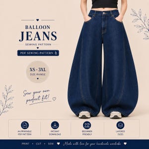 May include: Dark blue balloon jeans sewing pattern with the text "BALLOON JEANS" and "PDF SEWING PATTERN". The size range is XS-3XL. The image also includes the text "Sew your own perfect fit!" and icons for A4 printable PDF pattern, instant download, beginner friendly, and layered sizes.