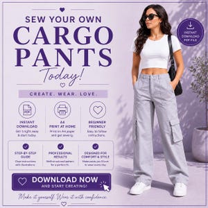 May include: A digital sewing pattern for cargo trousers featuring text that reads SEW YOUR OWN CARGO PANTS Today! CREATE, WEAR, LOVE. INSTANT DOWNLOAD, A4 PRINT AT HOME, BEGINNER FRIENDLY, STEP-BY-STEP GUIDE, PROFESSIONAL RESULTS, and DOWNLOAD NOW.