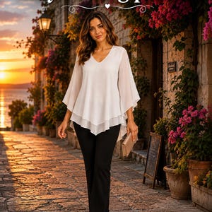 Asymmetrical Hem Tunic Top Sewing Pattern, Flowy V-Neck Blouse, Flutter Sleeve (PDF Download)