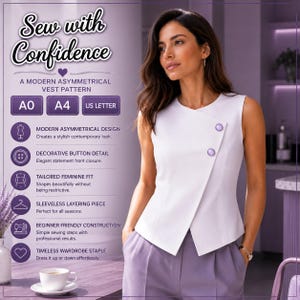 Könnte beinhalten: Eine weiße ärmellose Weste mit asymmetrischem Vorderverschluss und zwei runden violetten Knöpfen. Das Bild enthält den Text: Sew with Confidence, A MODERN ASYMMETRICAL VEST PATTERN, A0, A4, US LETTER, sowie eine Liste der Designmerkmale.