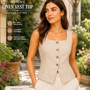Pode incluir: Um top de colete de linho bege com decote quadrado e fecho de botões. A imagem inclui o texto "Women's Linen Vest Top Sewing Pattern" e "Timeless Style You'll Love to Sew."