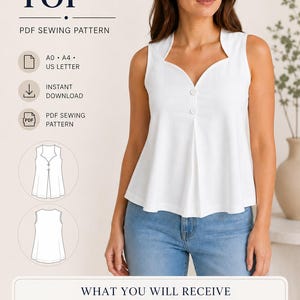 May include: A white sleeveless swing top with a notched neckline and two front buttons. The image includes text: SWING TOP, PDF SEWING PATTERN, A0, A4, US LETTER, INSTANT DOWNLOAD, WHAT YOU WILL RECEIVE, A4 PRINT AT HOME, US LETTER FORMAT, LAYERED SIZES.