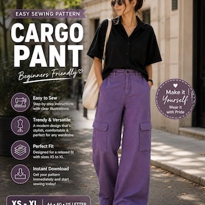 Patrón de costura para principiantes de pantalones cargo, pantalones de pierna ancha, cintura alta (descarga digital)