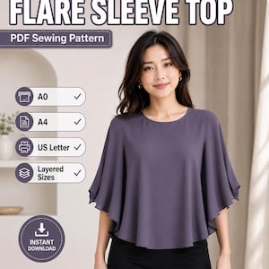May include: A purple flare sleeve top PDF sewing pattern featuring text that reads FLARE SLEEVE TOP, PDF Sewing Pattern, A0, A4, US Letter, Layered Sizes, and INSTANT DOWNLOAD. The top has a round neckline and wide, flowing sleeves.