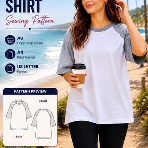 Puede incluir: Patrón de costura de camisa de manga raglán blanca con mangas grises. Incluye formatos A0, A4 y US Letter. La vista previa del patrón muestra vistas delantera y trasera. Incluye patrón de costura PDF, instrucciones paso a paso y diseño para principiantes.