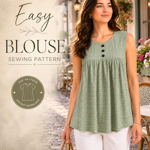 Puede incluir: Una blusa sin mangas de color verde salvia con un pequeño estampado floral blanco, cuello redondo y tres botones oscuros en la parte superior del pecho. El texto en la imagen dice Easy BLOUSE SEWING PATTERN con un icono de patrón.