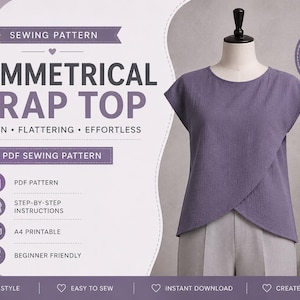 Asymmetrical Wrap Top PDF Sewing Pattern, Modern Draped Blouse, Beginner Friendly (S-3XL)