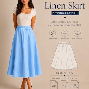 May include: A sewing pattern for a light blue linen skirt. The image displays the text "SEW YOUR STYLE Linen Skirt SEWING PATTERN" and "SIZES: XS - XXL". It includes icons for lightweight, breathable, and natural linen, plus A0, A4, and US Letter file formats.
