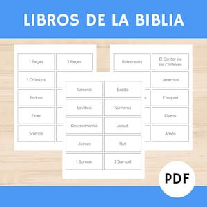 Puede incluir: Un documento imprimible titulado LIBROS DE LA BIBLIA que presenta una cuadrícula de etiquetas rectangulares con bordes punteados. Cada etiqueta contiene el nombre de un libro de la Biblia en español, como Génesis, Éxodo y Salmos. Se incluye un icono circular blanco de PDF.