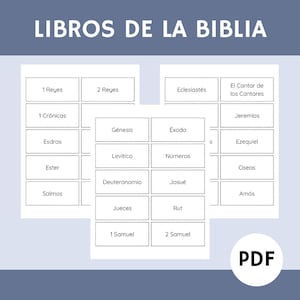 Puede incluir: Una hoja imprimible titulada LIBROS DE LA BIBLIA que presenta una cuadrícula de cajas rectangulares con bordes punteados. Cada caja contiene el nombre de un libro de la Biblia en español, como Génesis, Éxodo y Salmos. Un círculo blanco con el texto PDF es visible.
