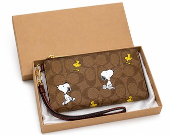Snoopy Woodstock Wristlet Clutch | Tan Signature Canvas Zip Pouch, Leather Trim