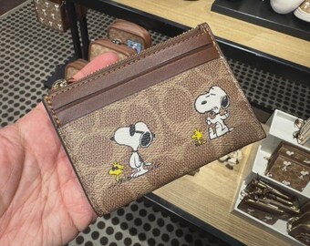 Snoopy Woodstock Card Holder Wallet | Tan Signature Canvas Zip Case | Peanuts Slim ID Holder