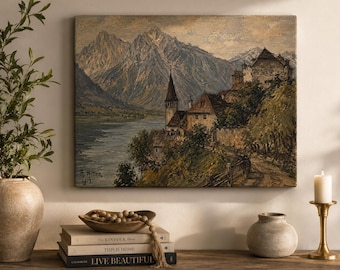 Alpine Lake Village målning matt duk
