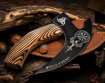 Viking Axe Pizza Cutter | Hand-Forged Damascus Steel, Ash Wood Handle ,Leather Sheath