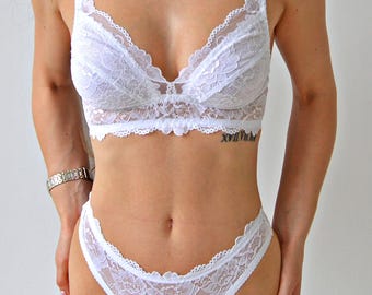 White Lace Lingerie Set, Bridal Bralette and High-Waisted Thong, Elegant Handmade Women's Underwear, Romantic Wedding Gift for Her