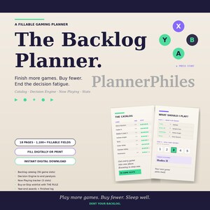 May include: A fillable gaming planner titled The Backlog Planner by PlannerPhiles. It features a cream background with dark text, green accents, and controller button icons. Two pages show a game catalog and a decision engine for choosing games.