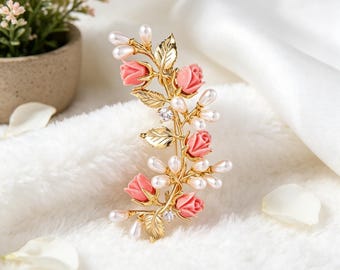 Vintage Rose Perlen Brosche, Rosa Blume Gold Ton Pin, Elegante Blumen Brosche, Schmuck Geschenk für Er