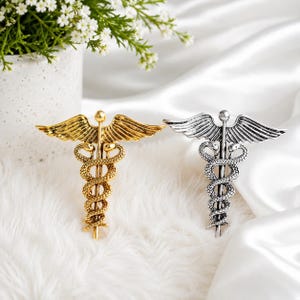 May include: Two metal medical symbol pins. One is gold-colored, the other is silver-colored. Each pin features a staff with two snakes entwined and wings at the top. The pins are displayed on a white, textured surface.
