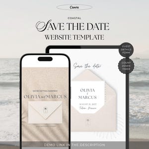 Coastal Save the Date Website Template, Destination Wedding, Editable Canva Invitation (Digital Download)