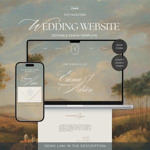 Op de afbeelding: Een bewerkbare Canva trouwwebsite-sjabloon weergegeven op een laptop en smartphone. Het ontwerp bevat de tekst "WEDDING WEBSITE," "COTTAGECORE," "THE WEDDING OF Emma & Adrien," "RSVP FORM," "COUNT DOWN TIMER," en "OUR FOREVER BEGINS."