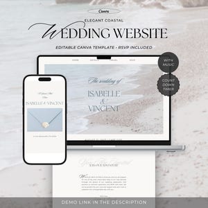 May include: An editable Canva wedding website template displayed on a laptop and smartphone screen. The design features a coastal theme with beach imagery, the text "ELEGANT COASTAL WEDDING WEBSITE," "ISABELLE & VINCENT," and "WITH MUSIC" and "COUNT DOWN TIMER" badges.